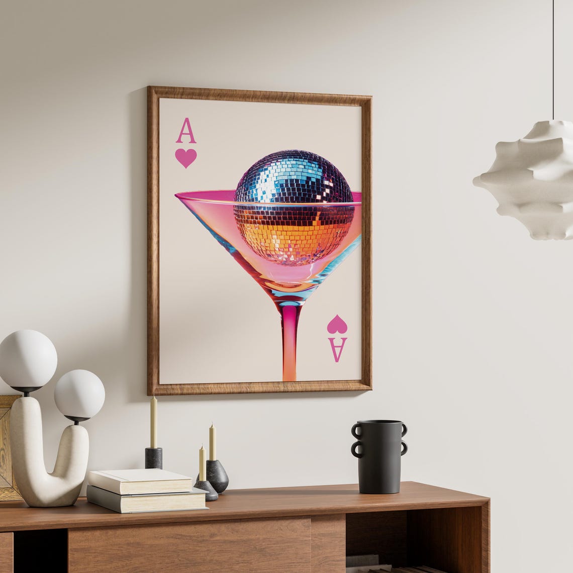 Pink Disco Ball Martini Glass Ace Card Funky Cocktail Bar Poster