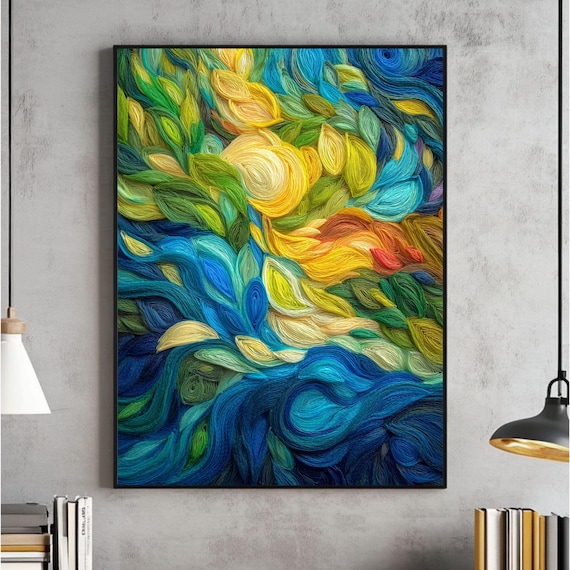 Abstract Swirling Leaves Painting In Blue Green And Gold Poster