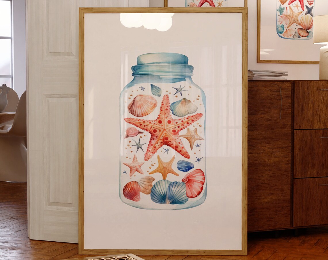 Watercolor Seashells in a Glass Jar Coastal Starfish Wall Art