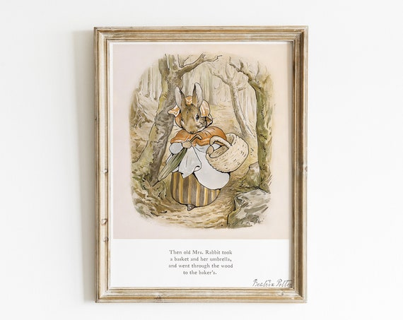 Vintage Beatrix Potter Rabbit Illustration For Nursery Mrs Walking To The Bakery Bunny Wall Art Childrens Room