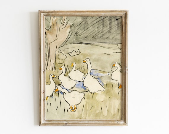 Vintage Duck Fine Art Print Antique Geese Watercolor Painting Nursery Wall Decor Farm Animal Prints Kids Room