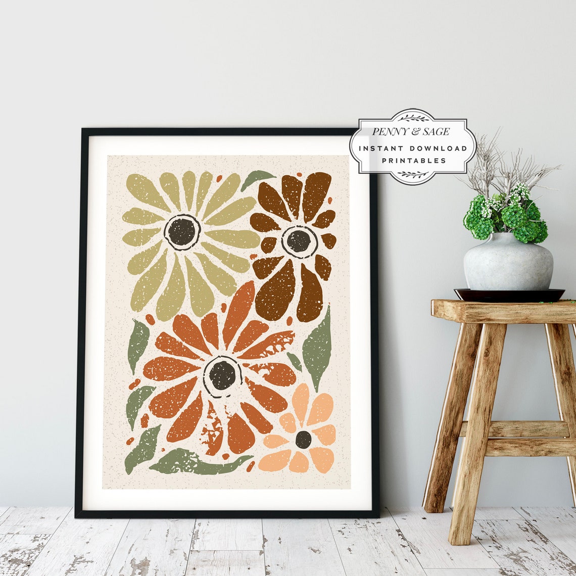 Earth Tone Flower Market Poster Boho Daisy Botanical Retro Decor