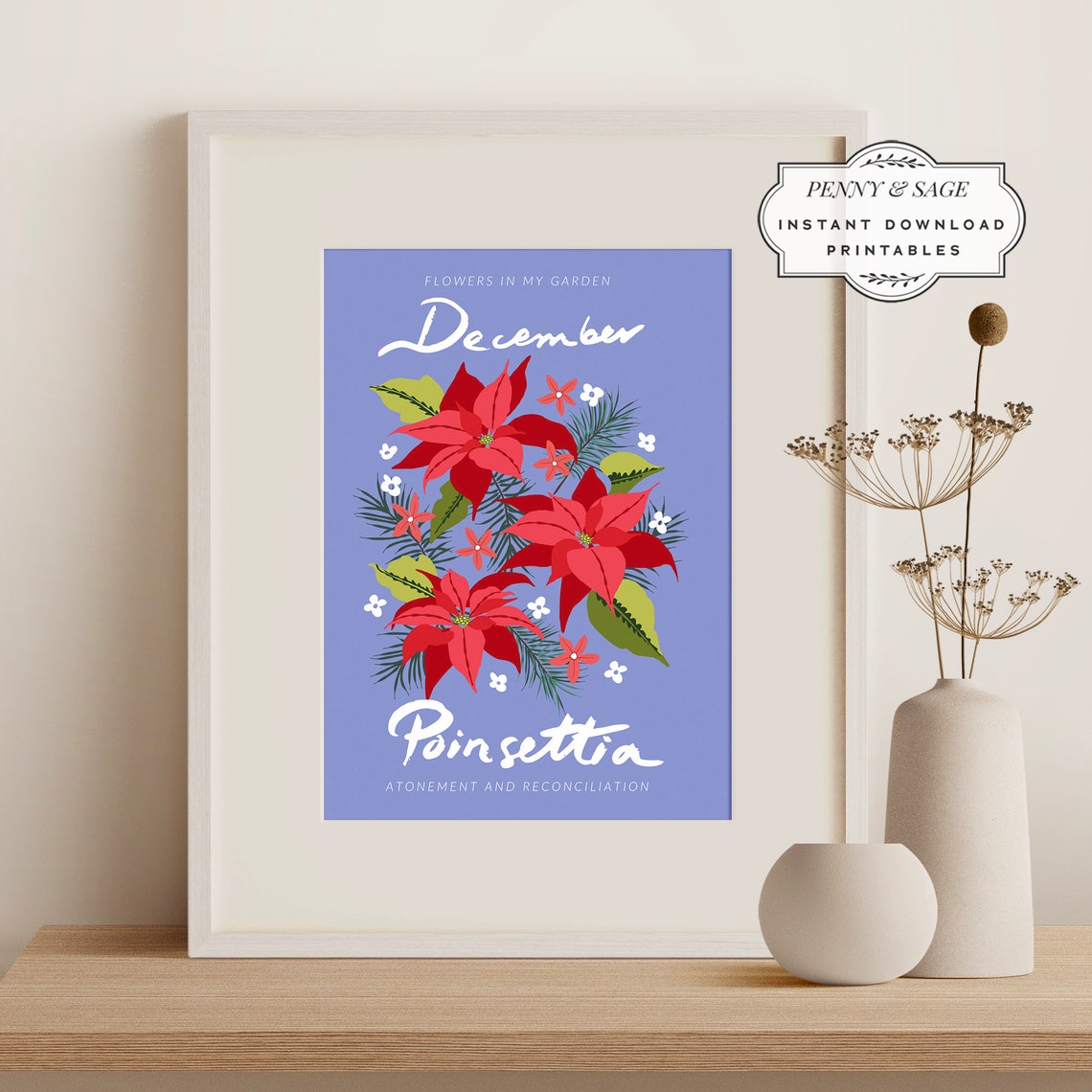 Flower Market December Month Print Botanical Wall Art Monthly Flower Wall Art Flower Market Poster Floral Art Poinsettia - Image 2