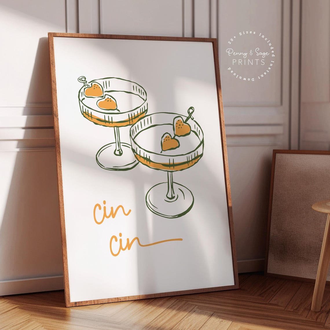 Cin Cin Cocktail Glasses Green Line Art Kitchen Bar Party Poster - Image 2