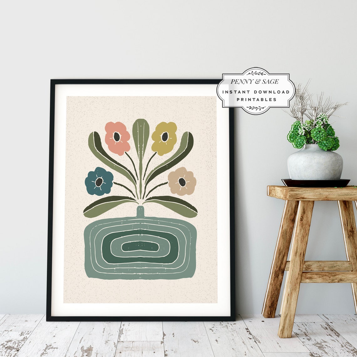 Abstract Vase Poster Pastel Flowers Striped Teal Boho Floral Decor