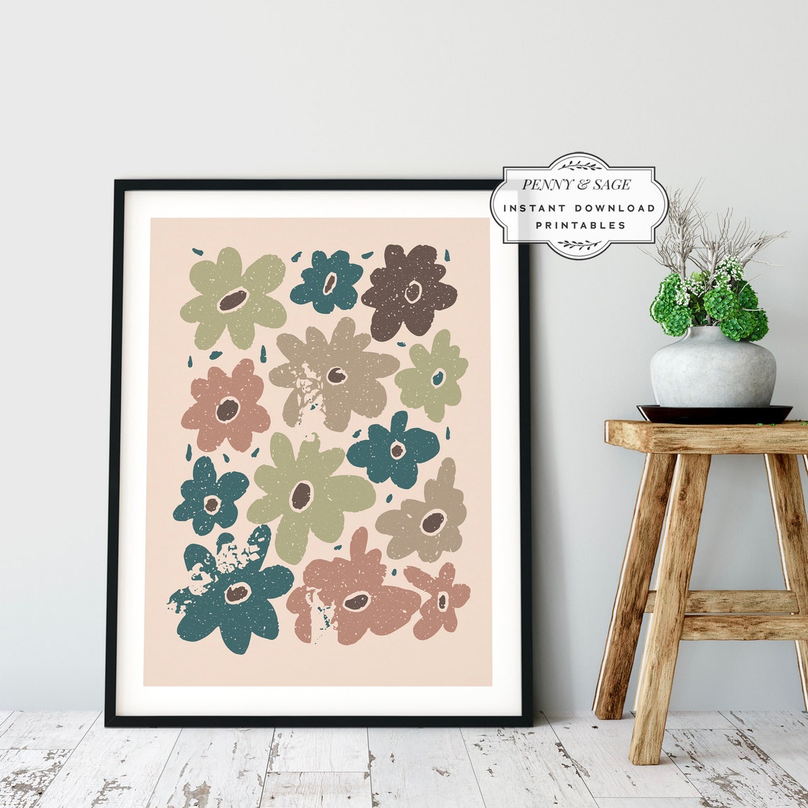 Boho Flower Market Poster Muted Retro Floral Botanical Illustration