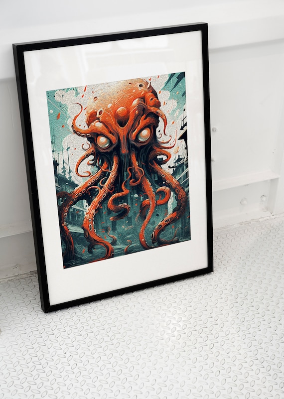 Bold Giant Red Octopus Tentacles Sea Monster Urban City Poster