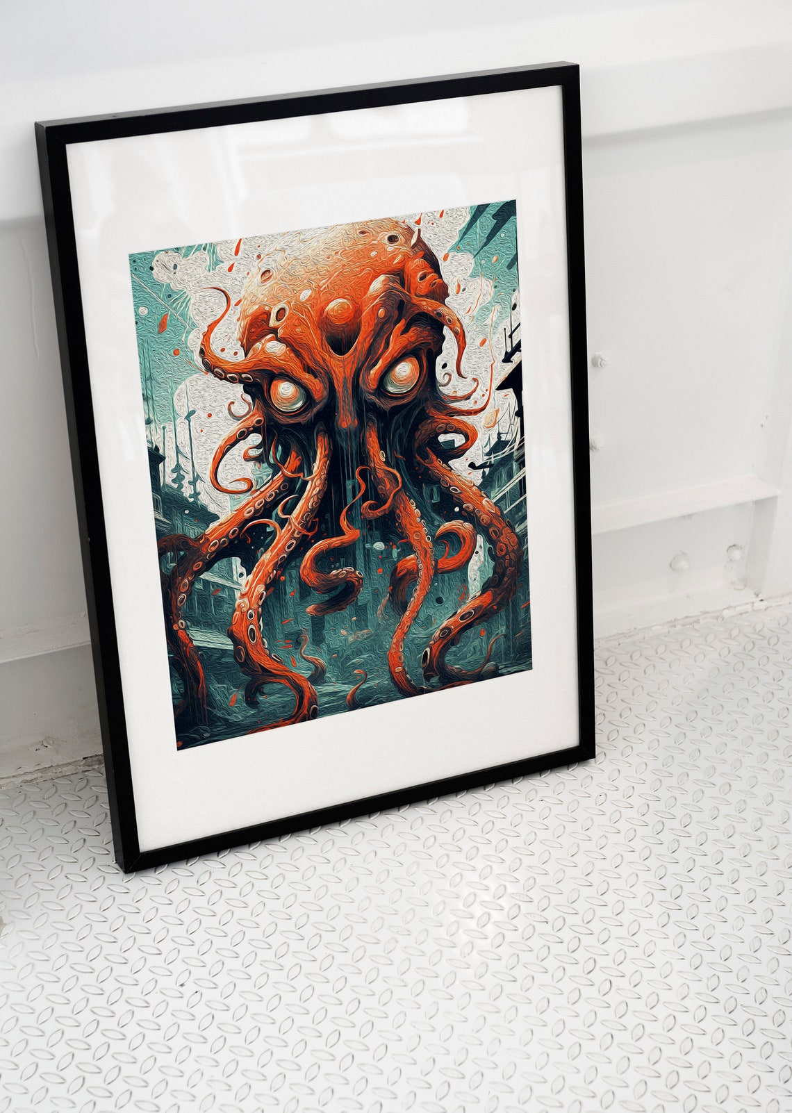 Bold Giant Red Octopus Tentacles Sea Monster Urban City Poster