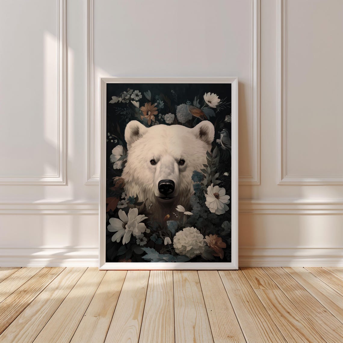 Polar Bear Portrait Surrounded by White Blooms on Dark Floral Poster
