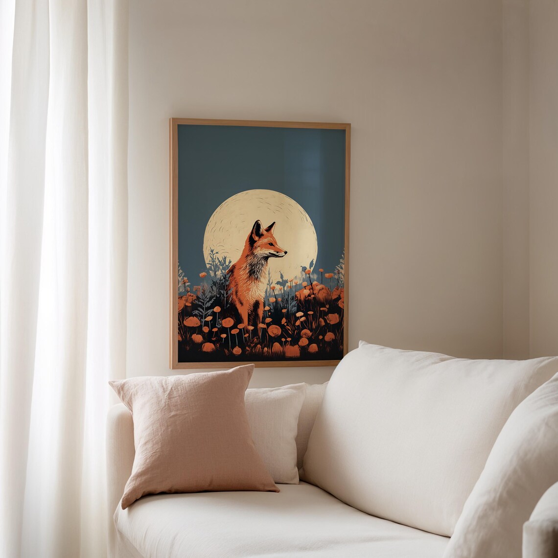 Red Fox Silhouette Beneath a Giant Moon in Vintage Wildflower Art Print - Image 2