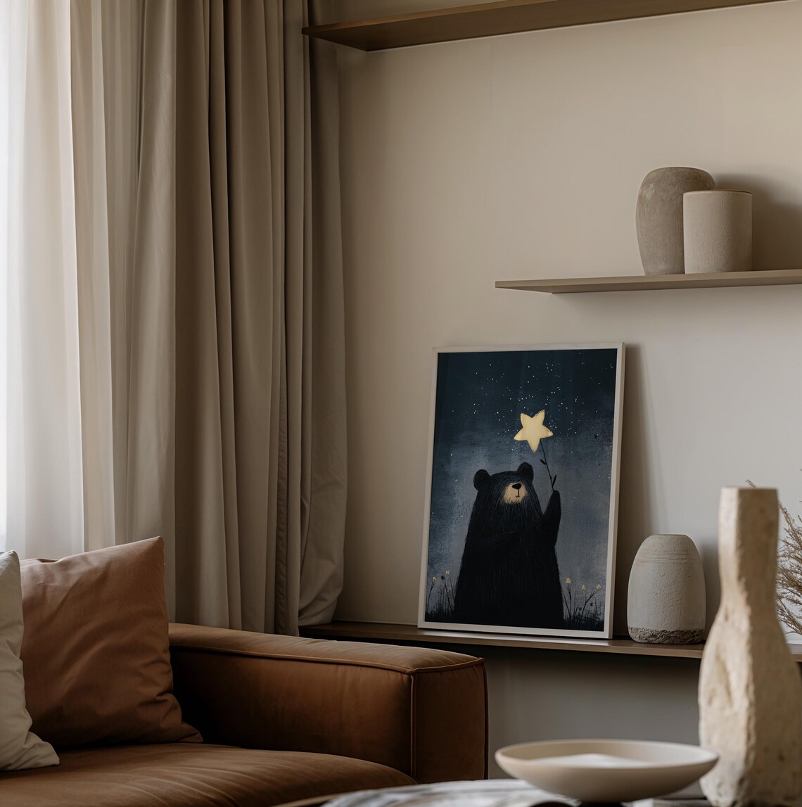 Whimsical Black Bear Holding a Golden Star Under Night Sky Nursery Print - Image 2
