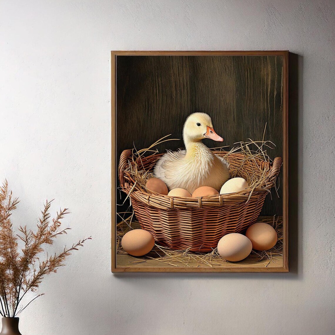 Fluffy Yellow Duckling in Wicker Basket Rustic Farmhouse Poster
