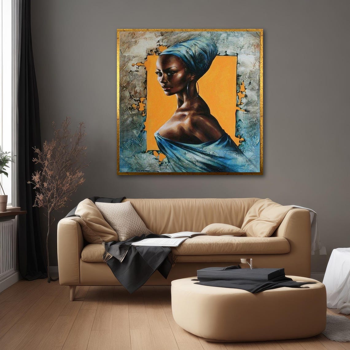 African Woman Blue Headwrap Portrait Warm Orange Elegant Poster - Image 3