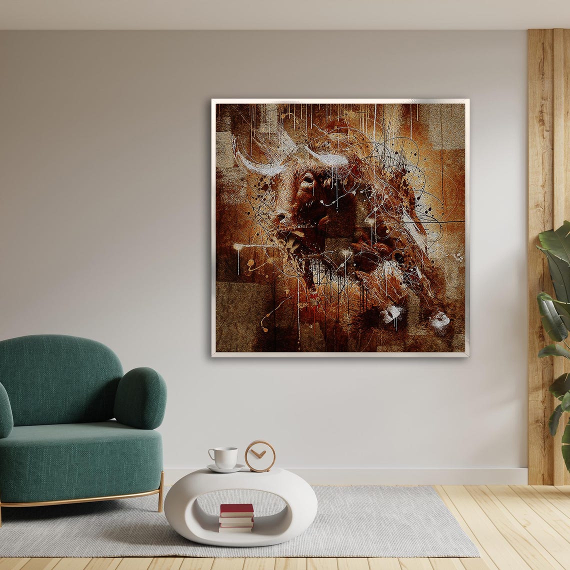 Bull Head Abstract Drip Paint Sepia Textured Western Art Poster - Image 2