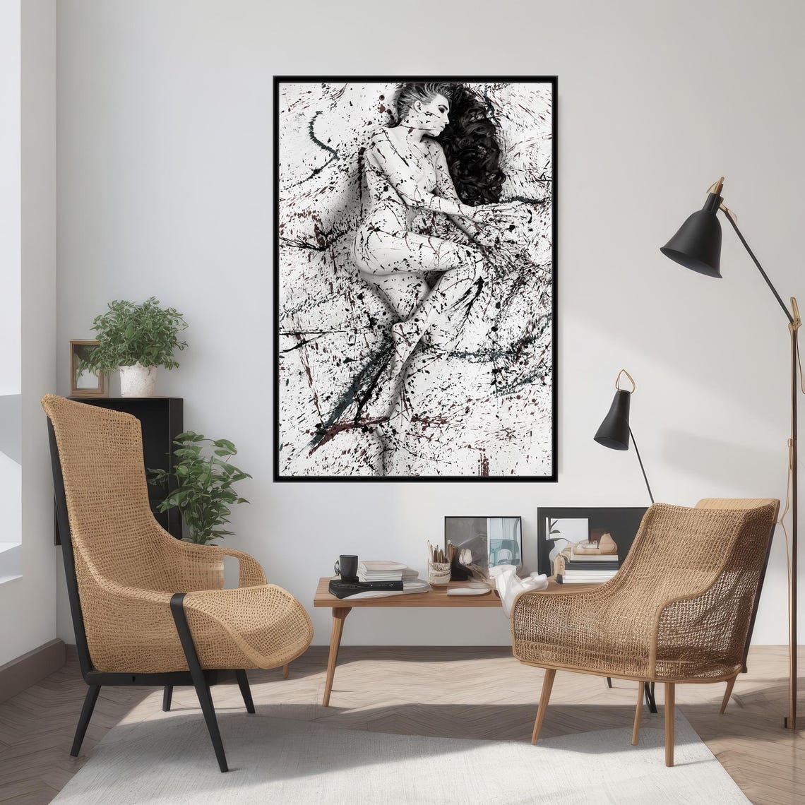 Black and White Nude Woman Paint Splatter Expressive Art Poster - Image 3