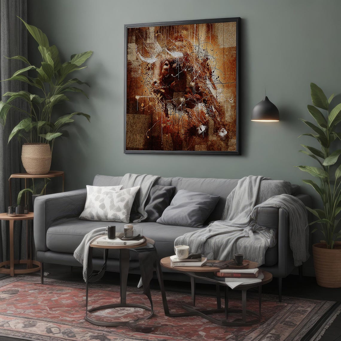 Bull Head Abstract Drip Paint Sepia Textured Western Art Poster - Image 4
