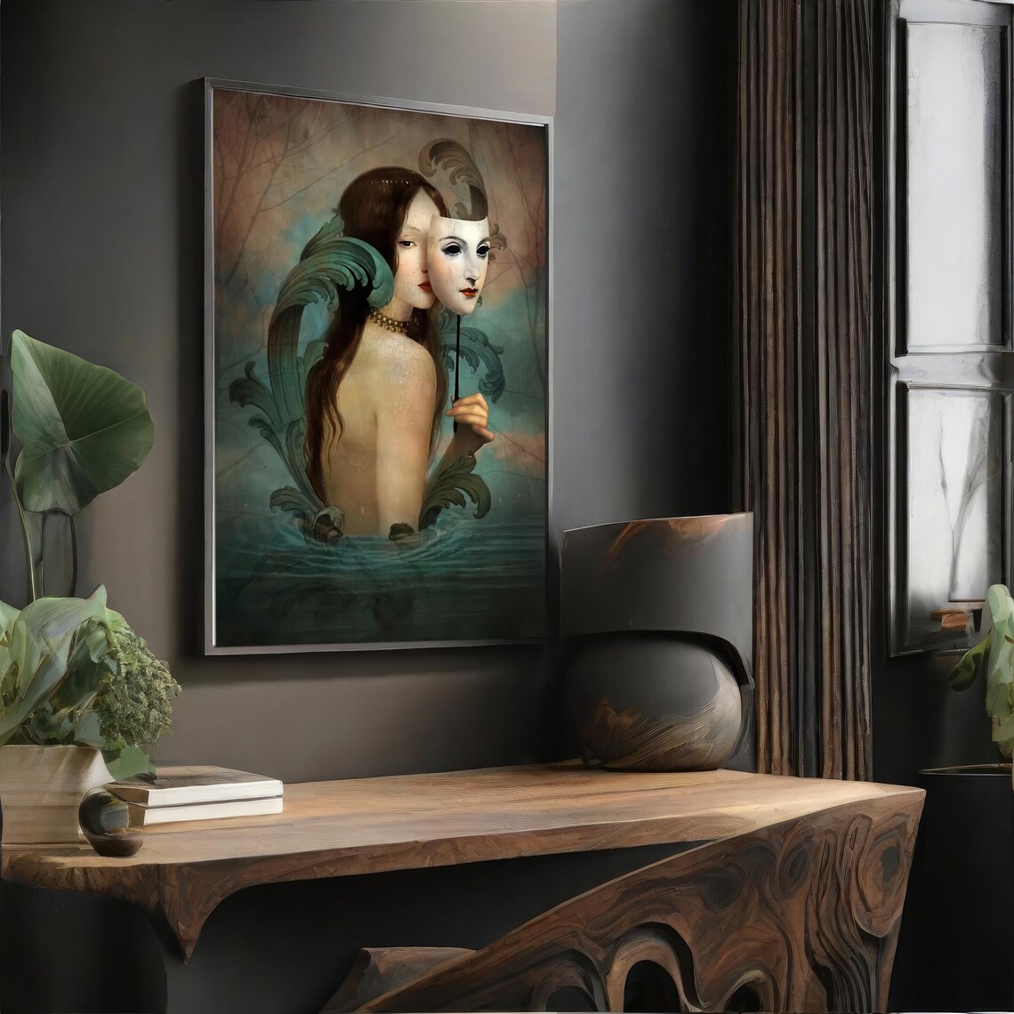 Surreal Masked Woman Holding White Mask Dreamlike Art Poster - Image 4