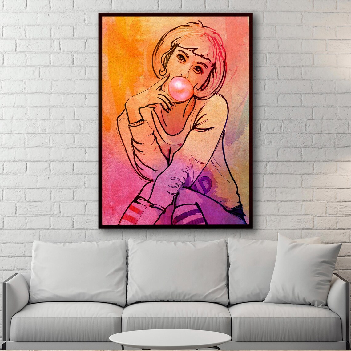 Girl Blowing Pink Bubblegum Pop Art Watercolor Painting Wall Art - Image 2