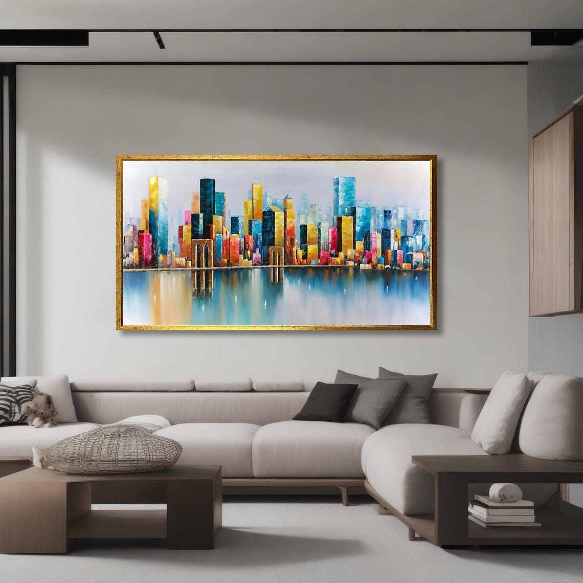 Colorful City Skyline Water Reflection Modern Abstract Art Poster - Image 4