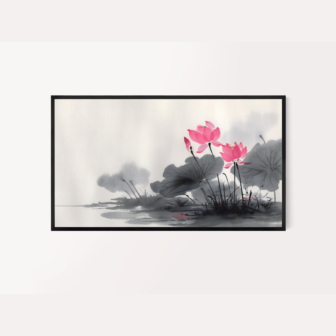 Pink Lotus Pond Ink Wash Painting Minimalist Korean Zen Art Print