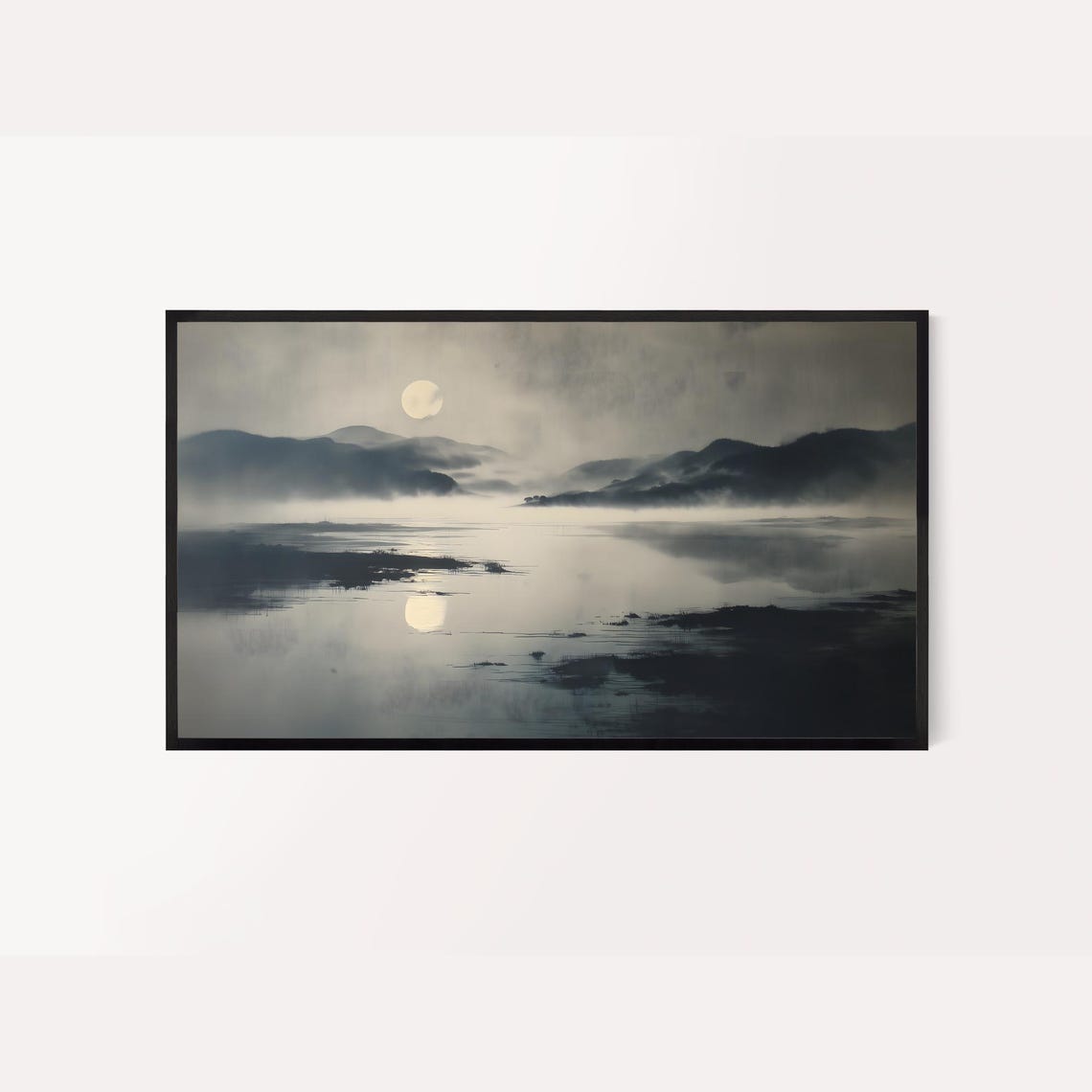 Moonlit Lake Ink Wash Painting Full Moon Reflection Misty Art Poster