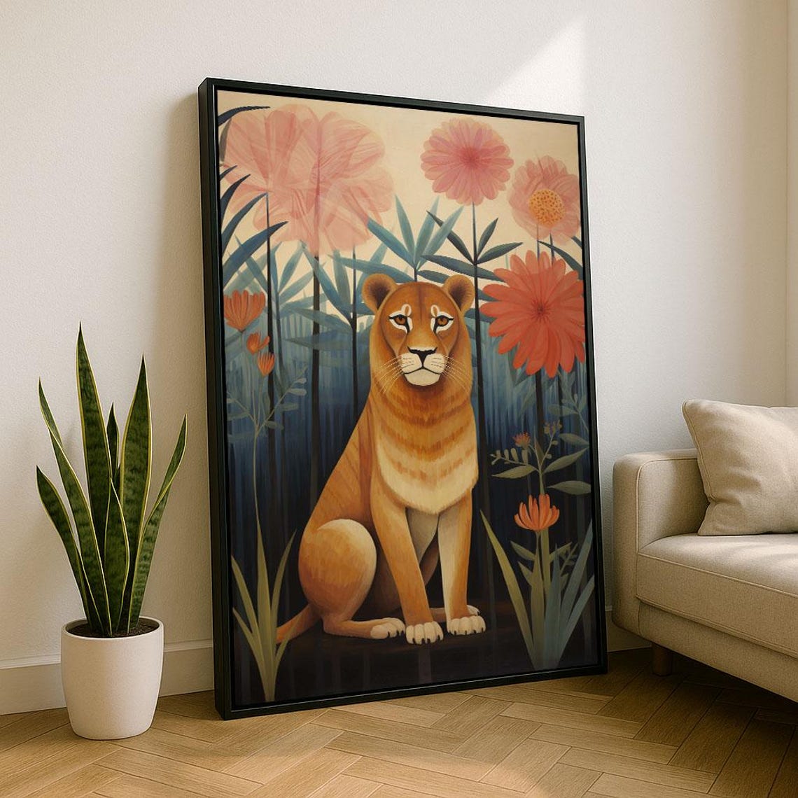 Calm Lion In Floral Jungle Canvas Wall Art Print Boho Living Room Decor Statement Piece