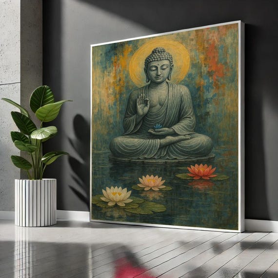 Buddha With Flowers Zen Canvas Wall Art Print Spiritual Meditation Decor Tranquil Buddhist Poster Boho Home Accent Ready To Hang