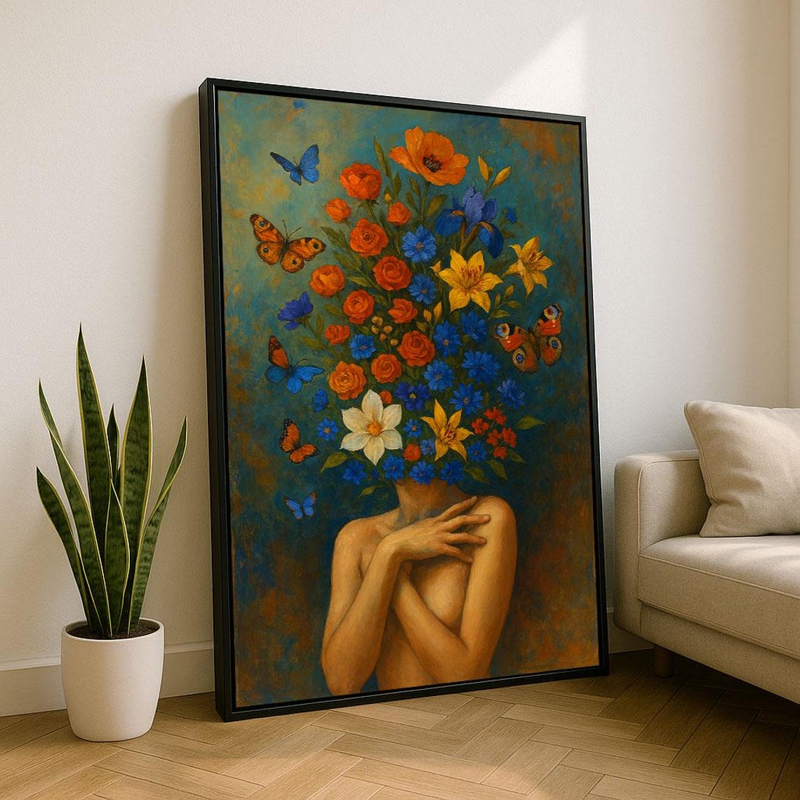Surreal Floral Woman Portrait With Blooming Flower Head Poster