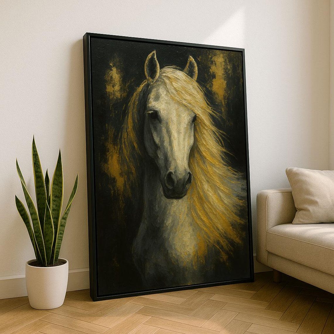White Horse Head Portrait Golden Mane Dark Elegant Stallion Art Poster