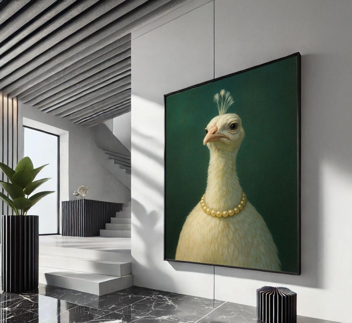 White Peacock With Pearl Necklace Regal Bird Portrait Poster