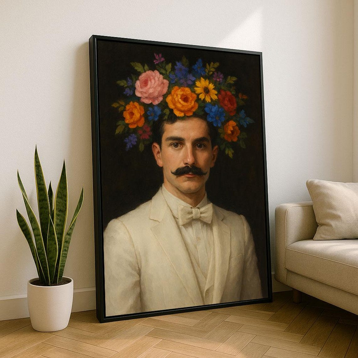 Gentleman Flower Crown Mustache Quirky Vintage Portrait Poster