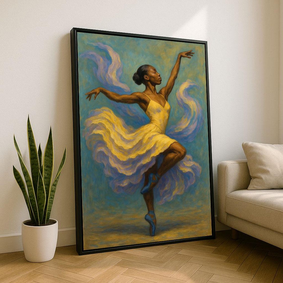 Graceful Black Ballerina In Yellow Dress Dancing Pointe Poster