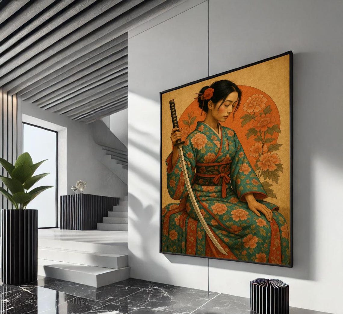 Japanese Woman With Katana Floral Kimono Vintage Style Poster
