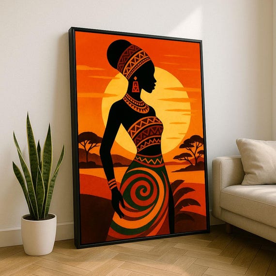 Bold African Woman Silhouette Canvas Wall Art Print Tribal Living Room Decor Statement Piece