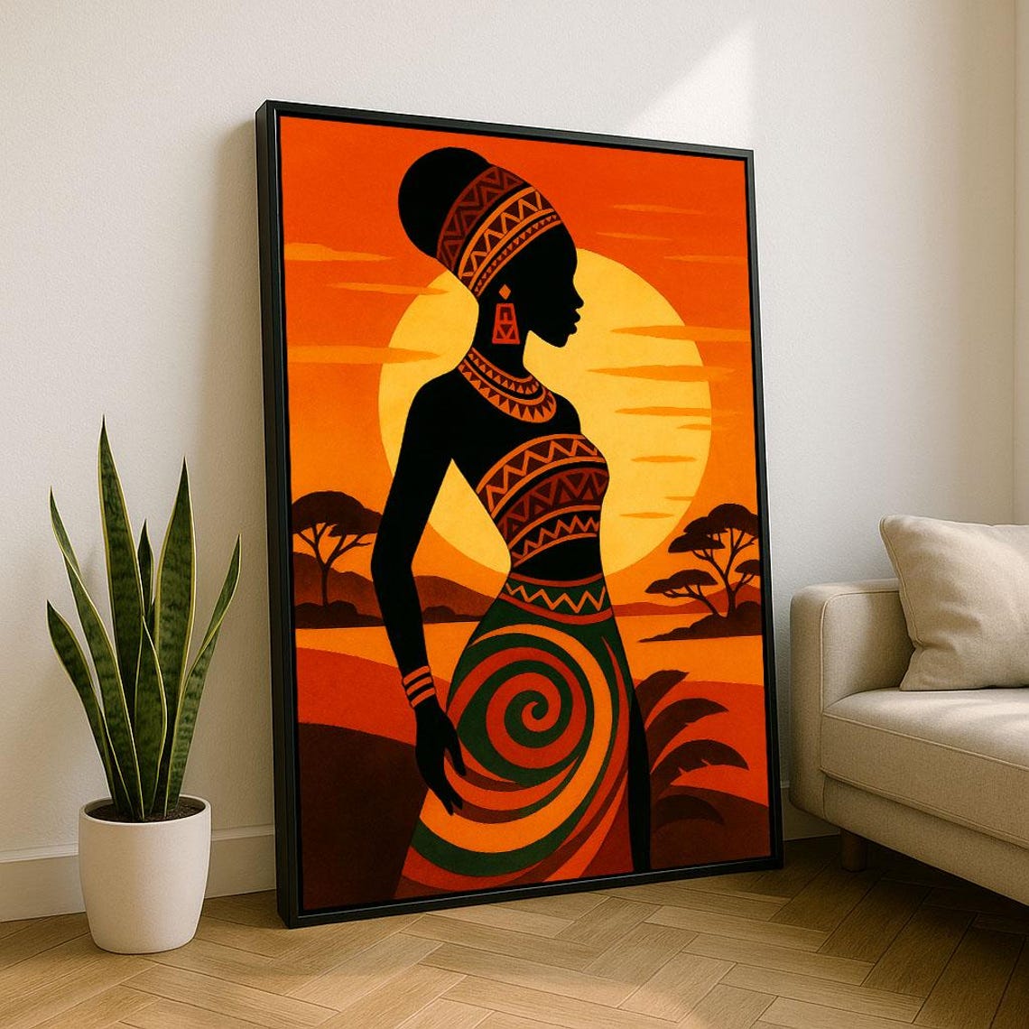 Bold Tribal African Woman Silhouette Sunset Savanna Art Poster