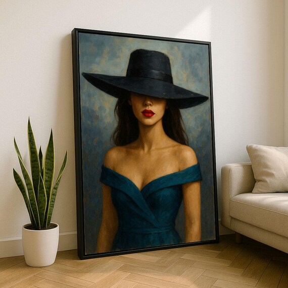 Elegant Woman In Blue Dress Canvas Wall Art Print Modern Living Room Decor Statement Piece