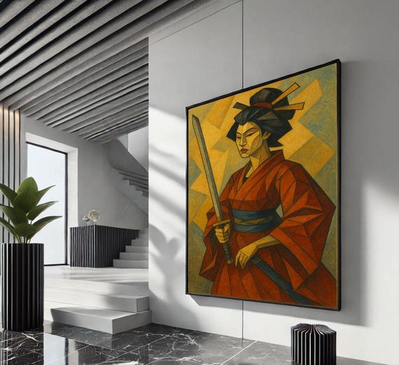 Elegant Samurai Woman Canvas Wall Art Print Bold Geometric Living Room Decor Statement Piece