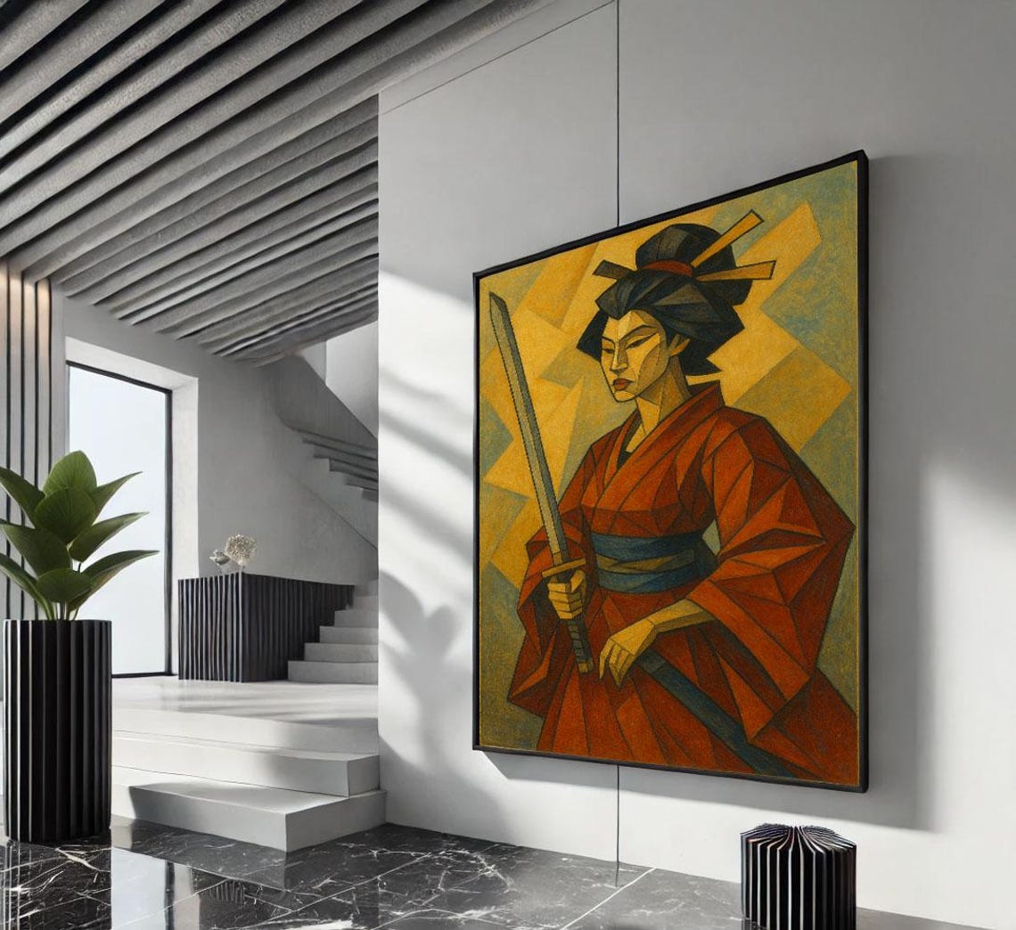Geometric Japanese Warrior Woman With Sword Red Kimono Poster