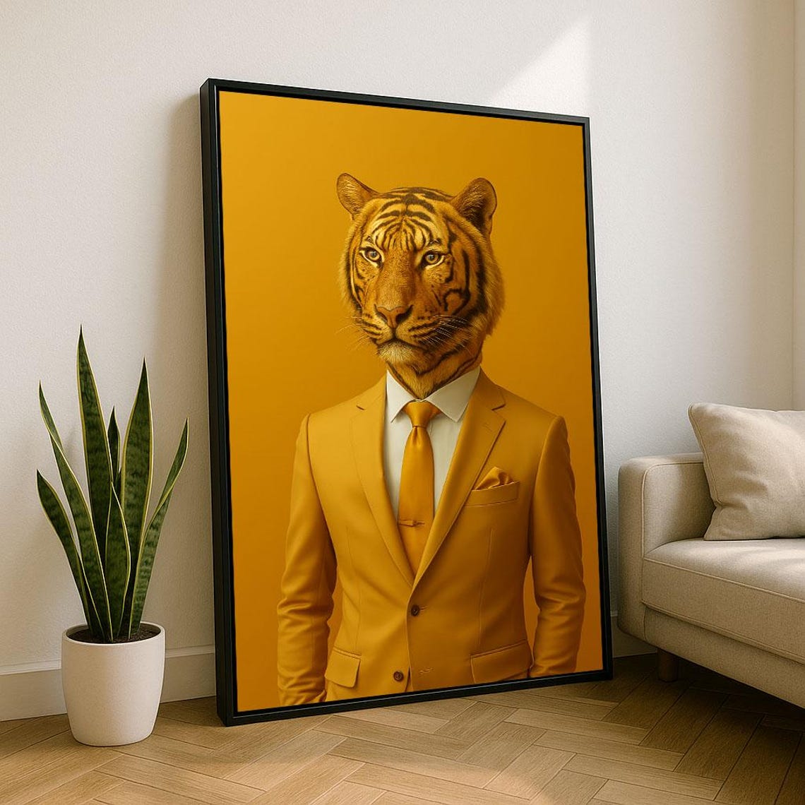 Sophisticated Tiger In Suit Canvas Wall Art Print Bold Yellow Living Room Decor Statement Piece