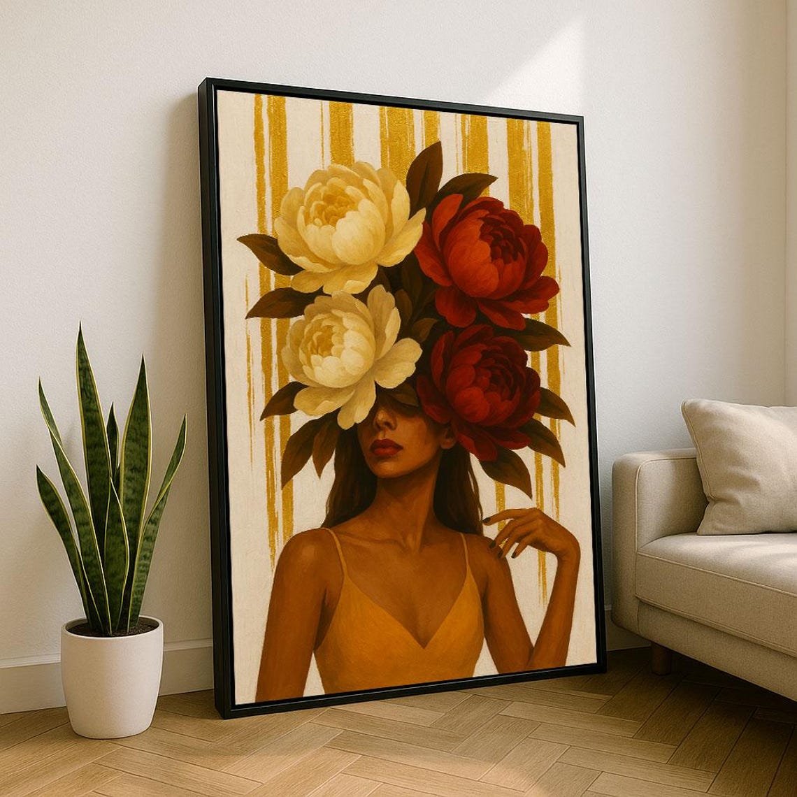 Woman With Large Peony Flowers As Head Golden Stripes Poster