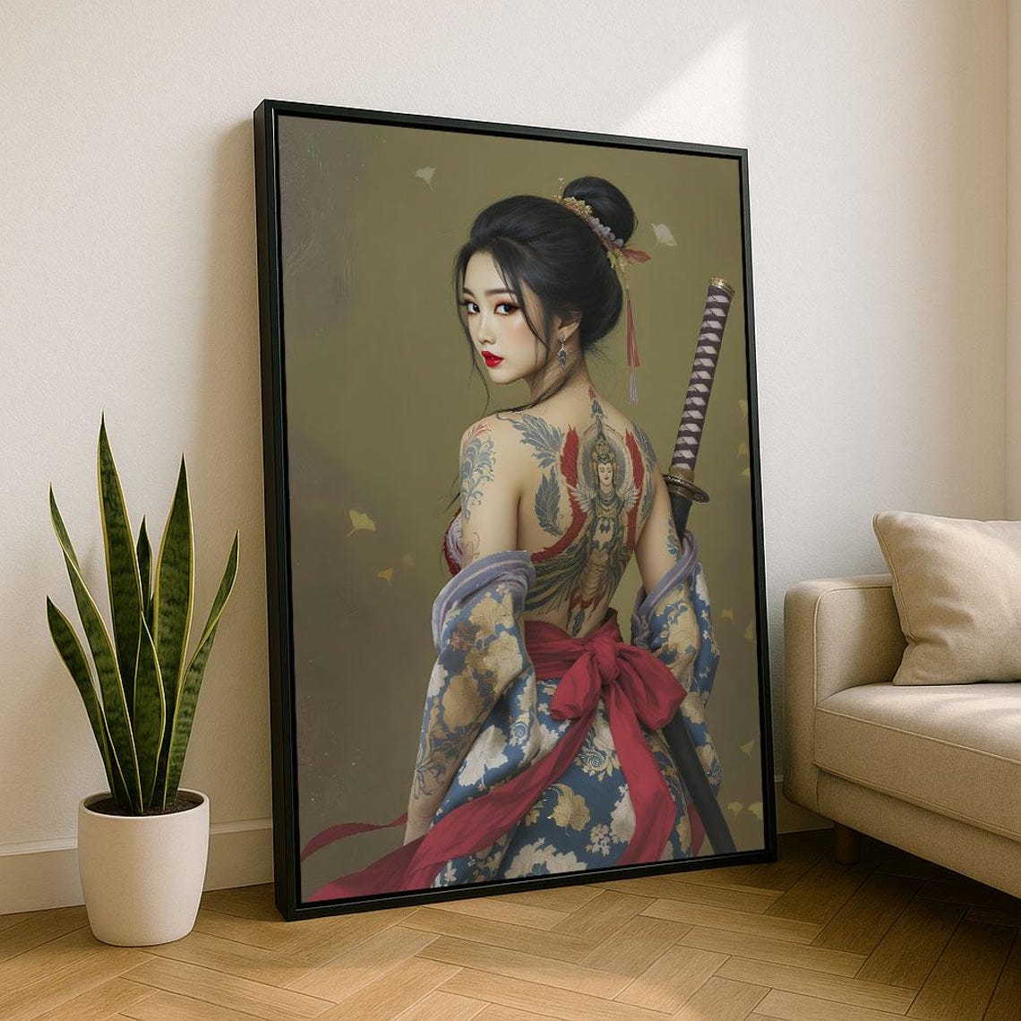 Stunning Japanese Warrior Woman With Katana and Kimono Art Poster