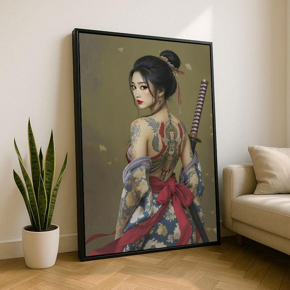 Elegant Japanese Warrior Woman Canvas Wall Art Print Bold Bedroom Decor Statement Piece