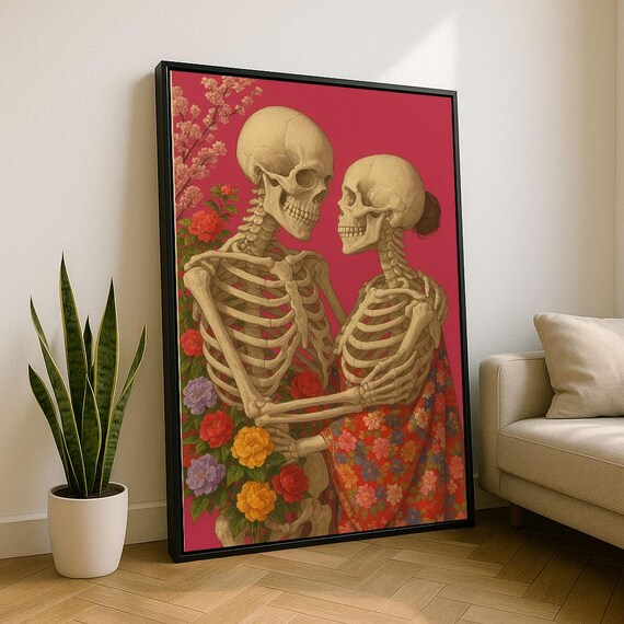 Romantic Skeleton Couple Day Of The Dead Floral Love Art Poster