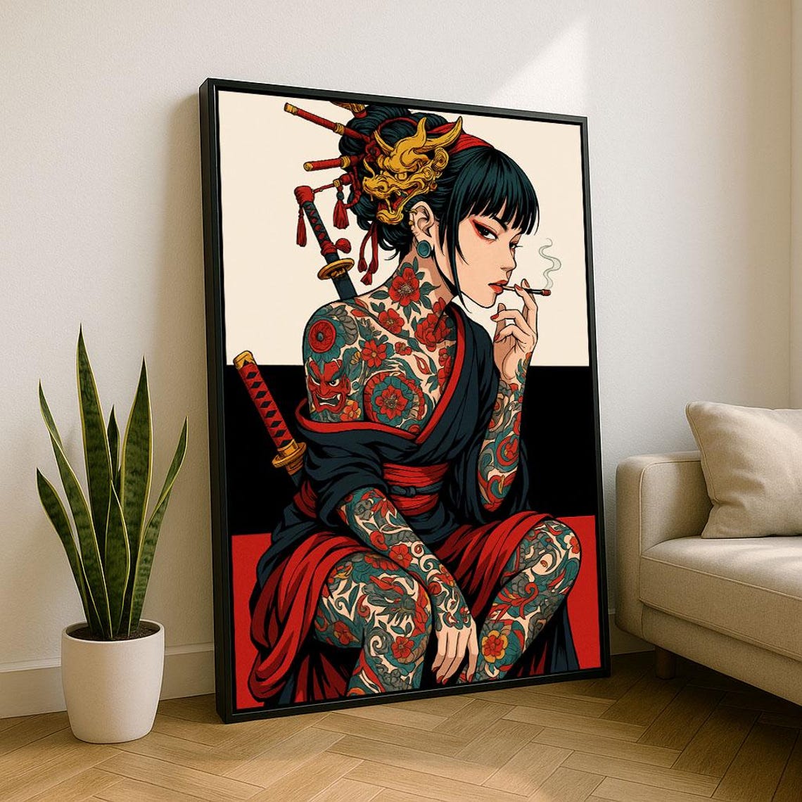 Tattooed Japanese Woman Smoking with Swords Bold Art Style Poster