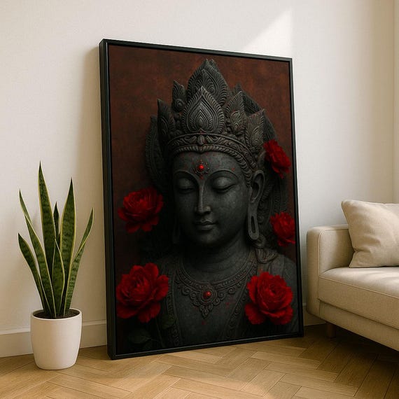 Mindful Buddha With Red Roses Canvas Wall Art Print Zen Living Room Decor Statement Piece