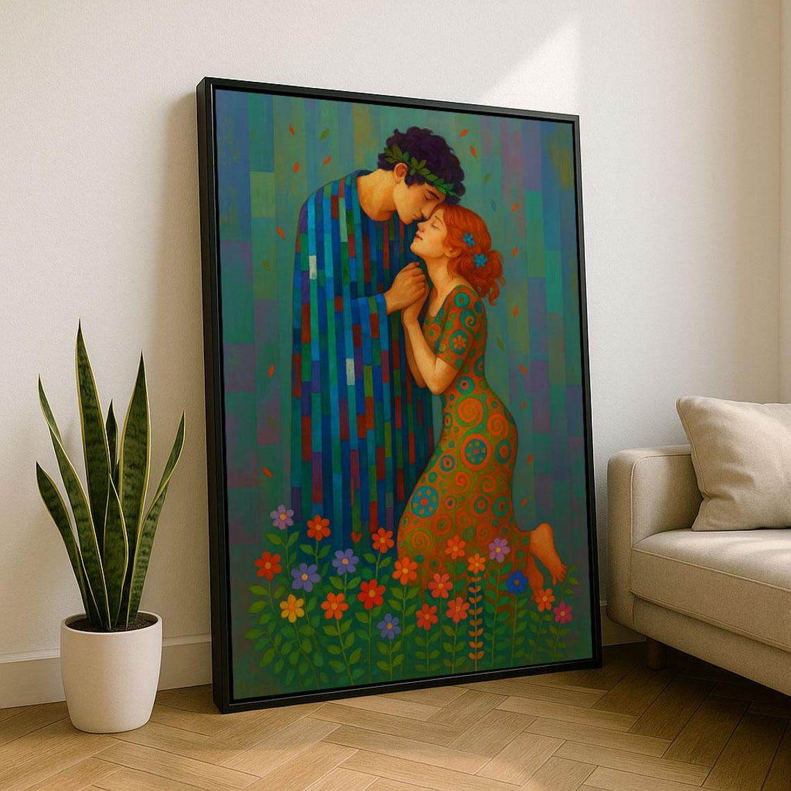 Colorful Romantic Couple Embrace Painting With Floral Garden Poster