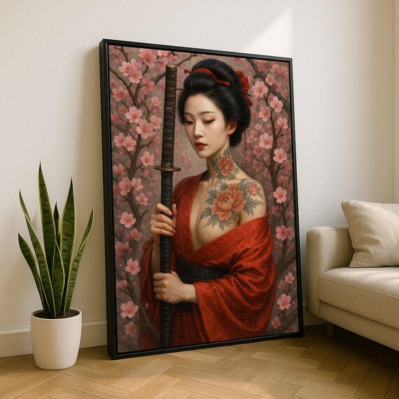 Geisha Portrait Katana Pink Cherry Blossom Tattoo Warrior Poster