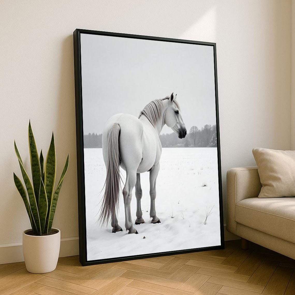 White Horse Standing In Snowy Winter Field Minimalist Poster