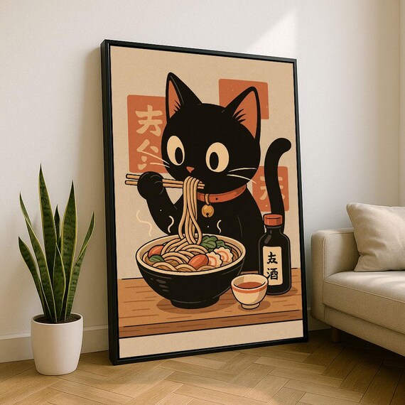 Cute Black Cat Eating Ramen with Chopsticks Retro Japanese Kitchen Poster