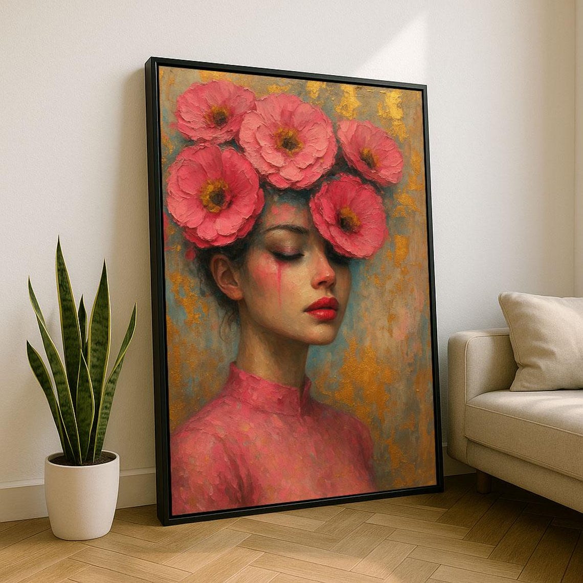 Woman Pink Poppies Face Textured Floral Oil Painting Art Poster